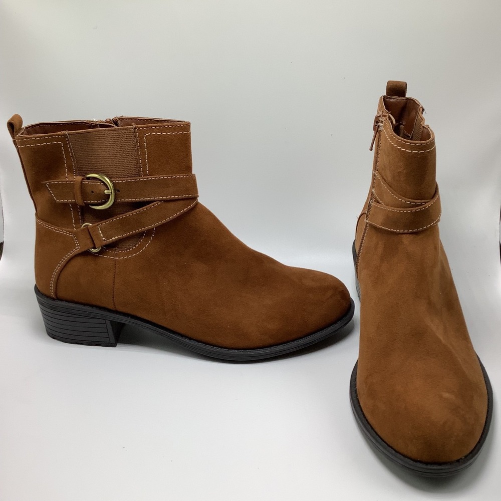 St. Johns Bay Womens Dalian Chelsea Boots Brown Textile Ankle Low Heel Zip 9 M